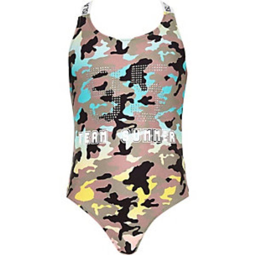 Girl Swimsuit, River Island Sequined Camo 1-Piece, Size 5-6